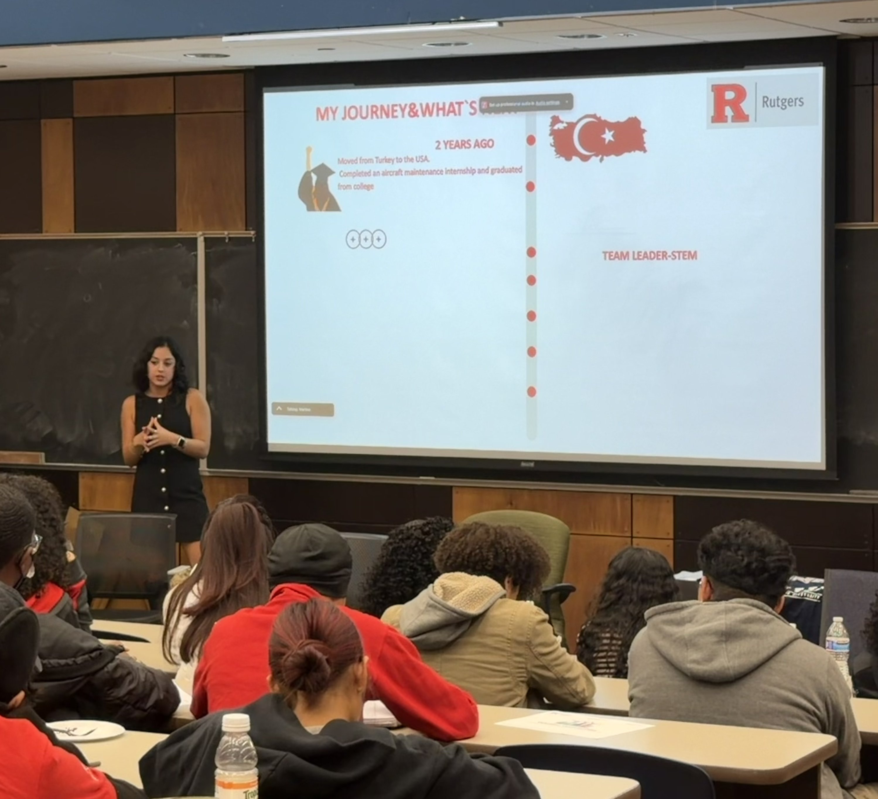 Fatos presenting her journey at Rutgers
